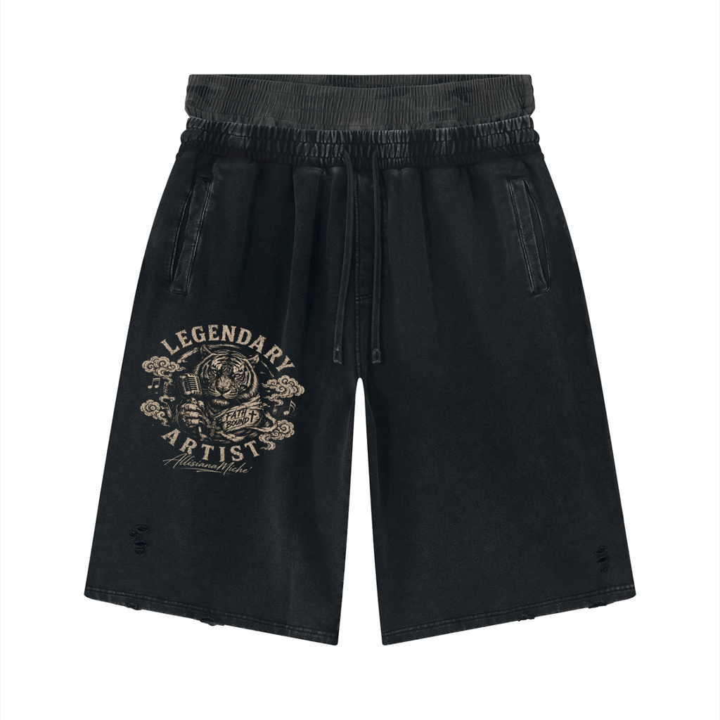 LEGENDARY ARTIST — The Tiger Collection Unisex Vintage Wash Distressed Wide Leg Shorts