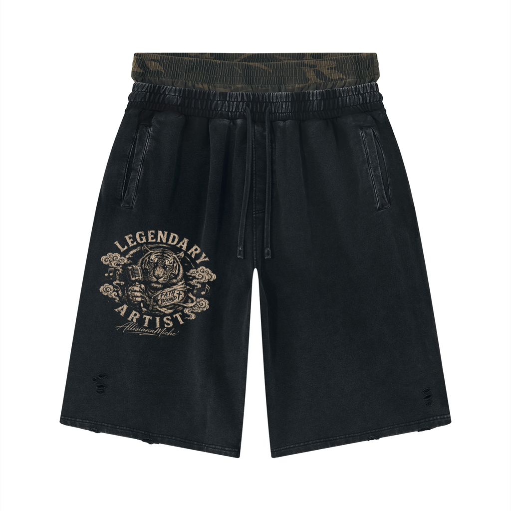 LEGENDARY ARTIST — The Tiger Collection Unisex Vintage Wash Distressed Wide Leg Shorts